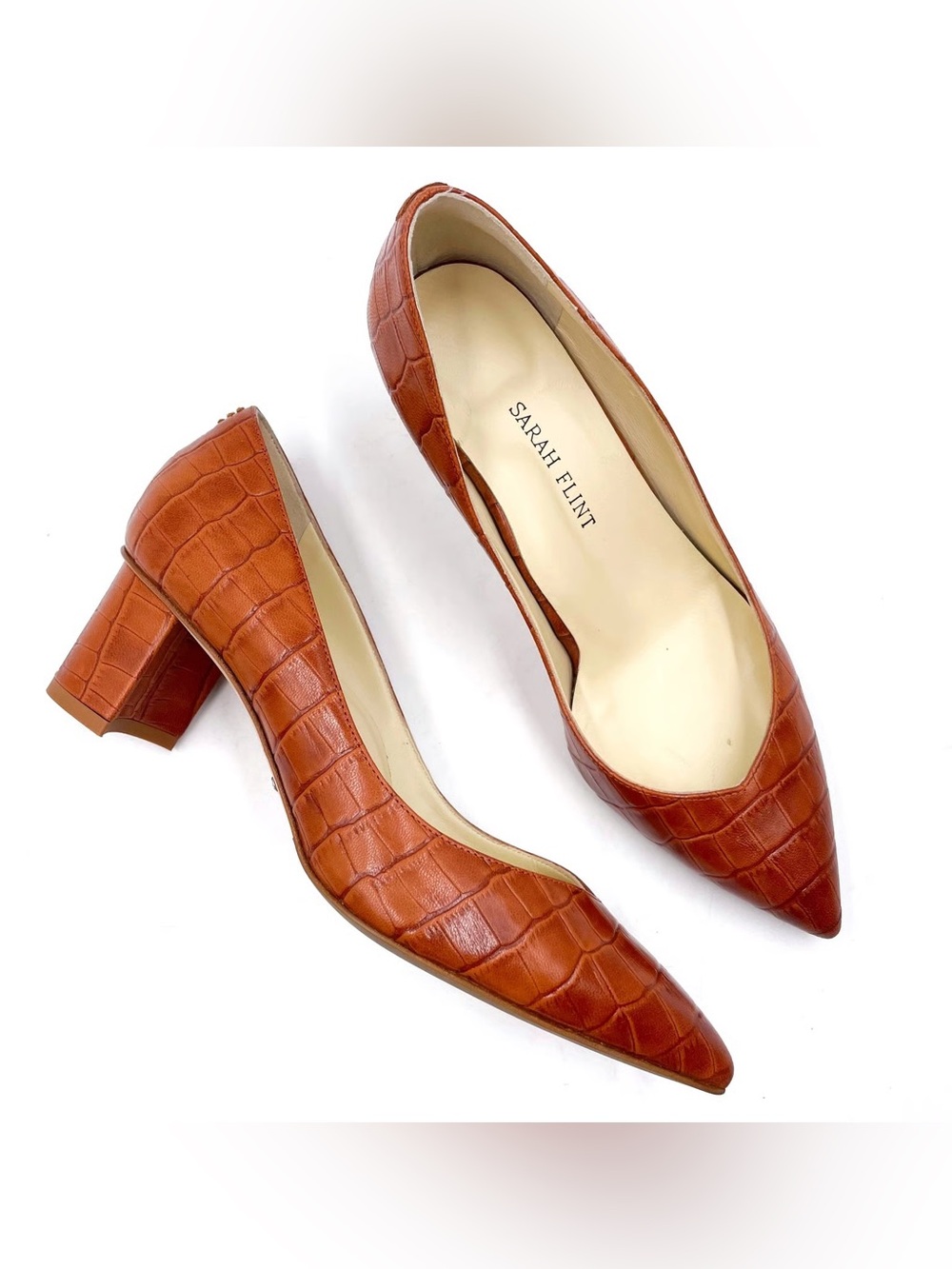 Sarah Flint Perfect Emma Pump Cognac Leather Pointed Block Heels 42 or 11